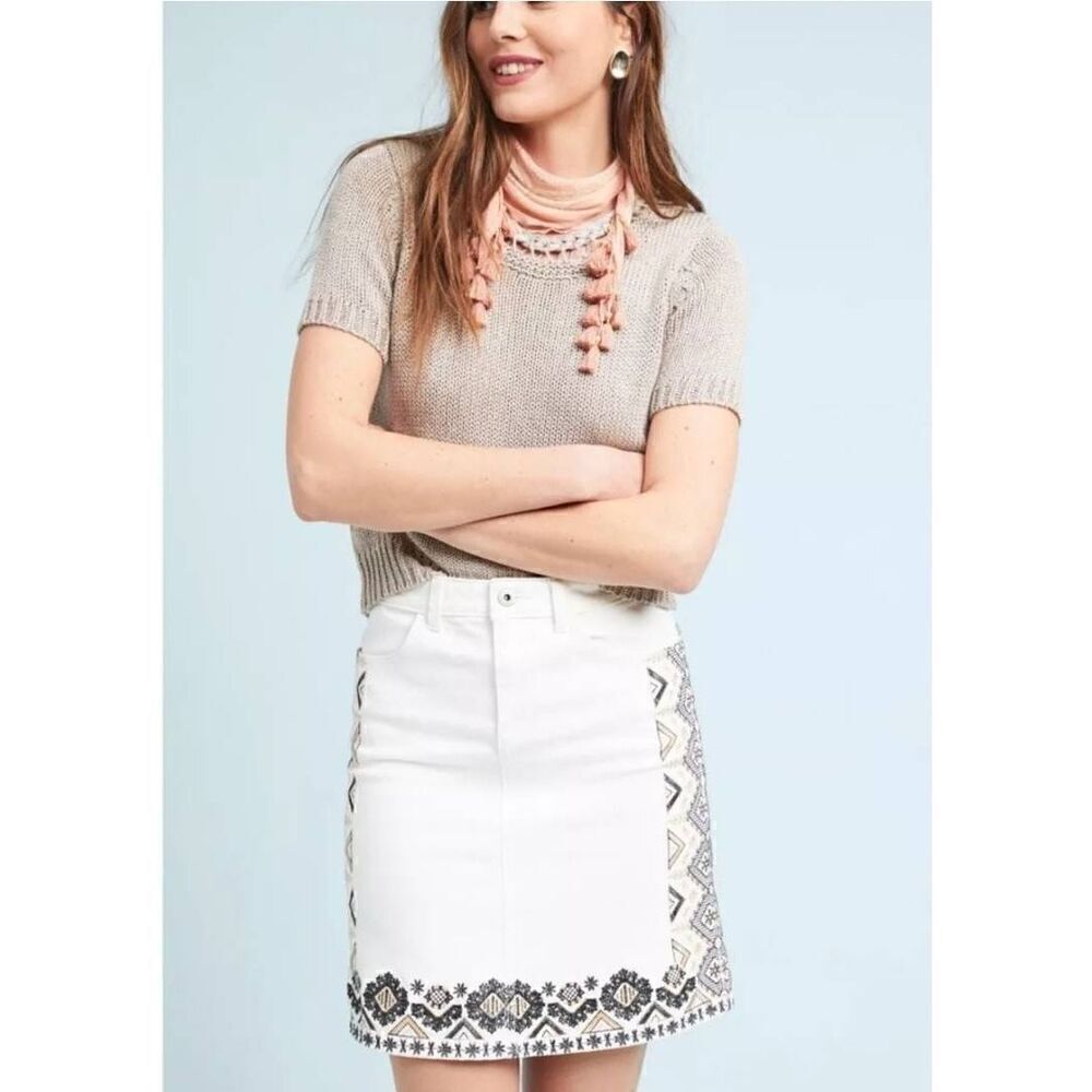 Anthropologie Pilcro Skirt Womens 8 Denim Floral Aztec Embroidered Boho Mini